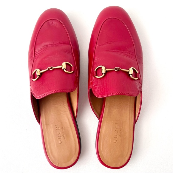 GUCCI | Princetown Horsebit Hibiscus Red Leather Mules Loafers Slippers US 9 - Picture 6 of 13
